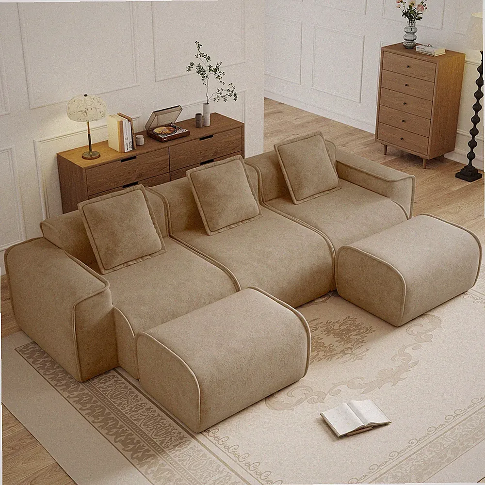 Modular 3-Seat U-Shape Sectional Sofa, Brown Velvet, No Assembly, with Ottomans