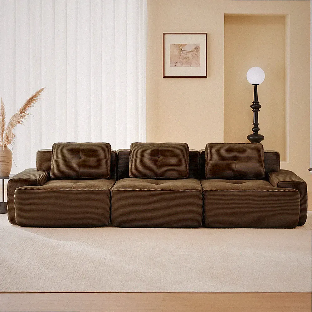 Modular 3-Seater Sectional Sofa Corduroy Fabric Deep Seating Brown
