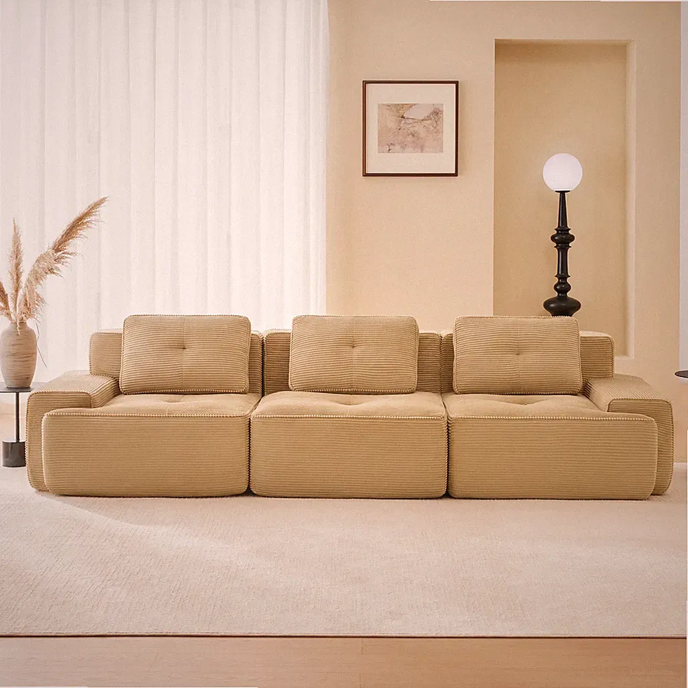 Modular 3-Seater Sectional Sofa Corduroy Fabric Deep Seating Camel