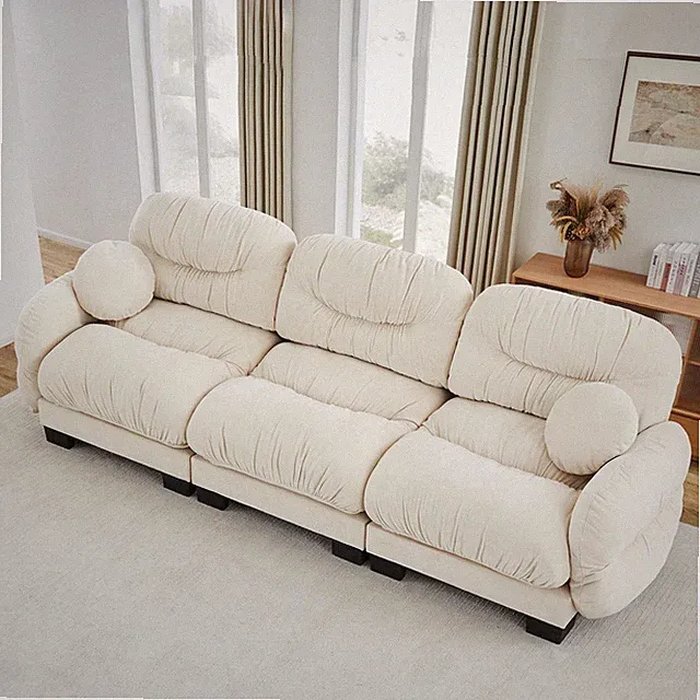 Modular 3-Seater Sofa Pleated Chenille Fabric Curve Armrest w/ Pillows, Beige
