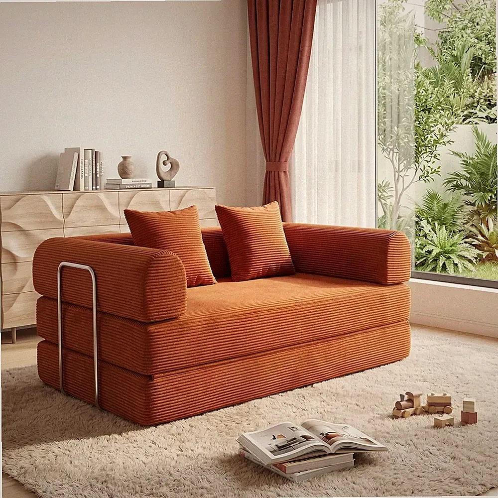 Modular 4-in-1 Futon Sofa Bed with Pillows - No Assembly, Orange