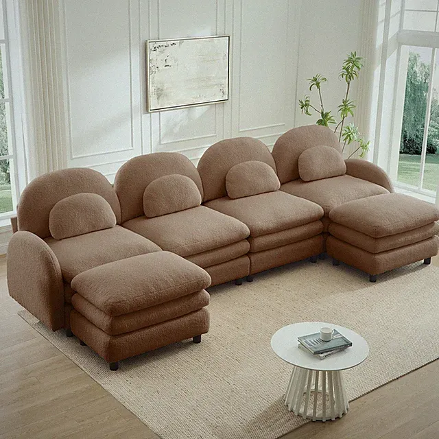 Modular 4-Seat Curved Sofa w/ Ottomans, Double Layer Cushion, Camel Teddy Fabric