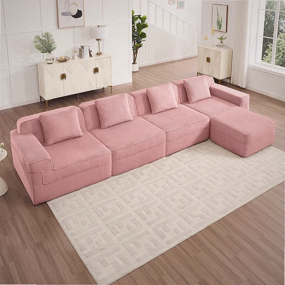 Modular 4 Seat L-Shape Sectional Sofa, Cloud Couch, Corduroy Fabric Pink