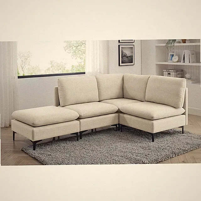 Modular 4-Seat Sectional Sofa, Linen Upholstery & Metal Legs, Almond Color