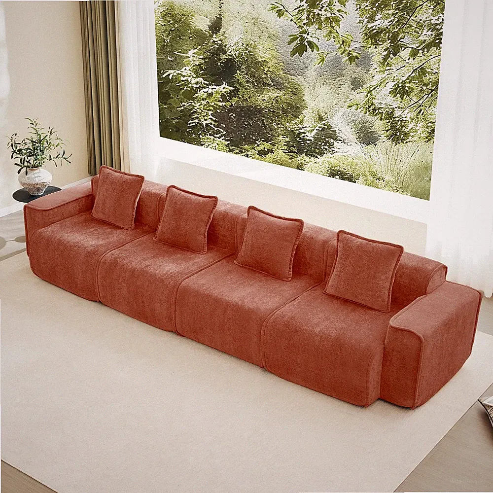 Modular 4-Seat Sectional Sofa Velvet Red Contemporary w/ Pillows No Assembly