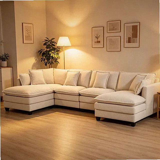 Modular 4-Seat Sectional Sofa with Two Matching Ottomans Chenille White
