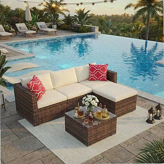 Modular 5-Piece Outdoor Patio Sofa Set with Cushions & Glass Table