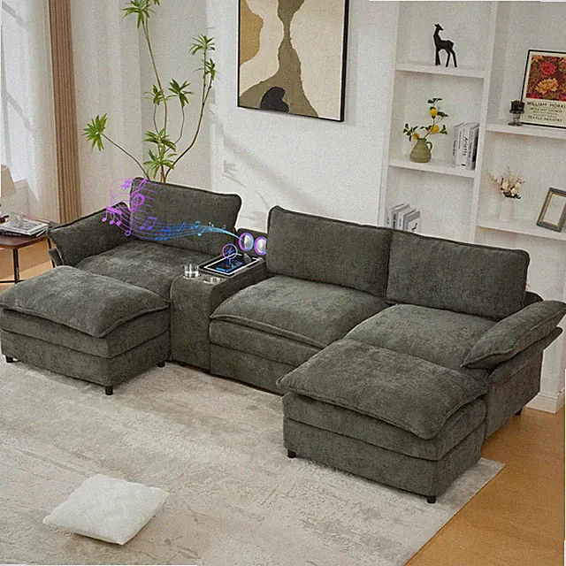 Modular 5-Seat U-Shaped Sectional Sofa with Bluetooth Speaker Console Green