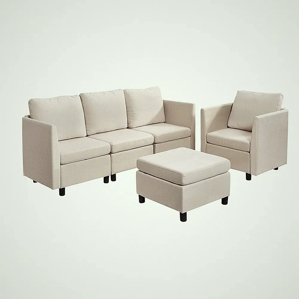 Modular 5 - Seater Sectional Sofa with Hidden Storage, Solid Wood Frame, Beige