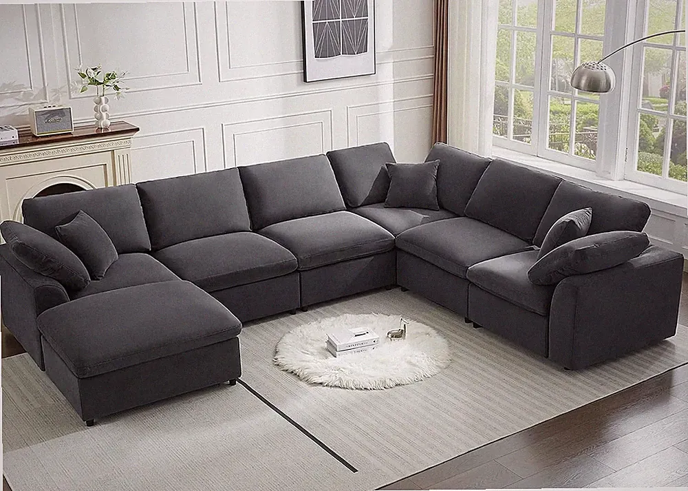 Modular 7 Seater Sectional Sofa, Chenille Cloud Couches, Dark Grey