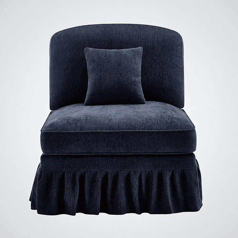 Modular Armless Chenille Sofa with Pillows, Blue with Flared Skirt