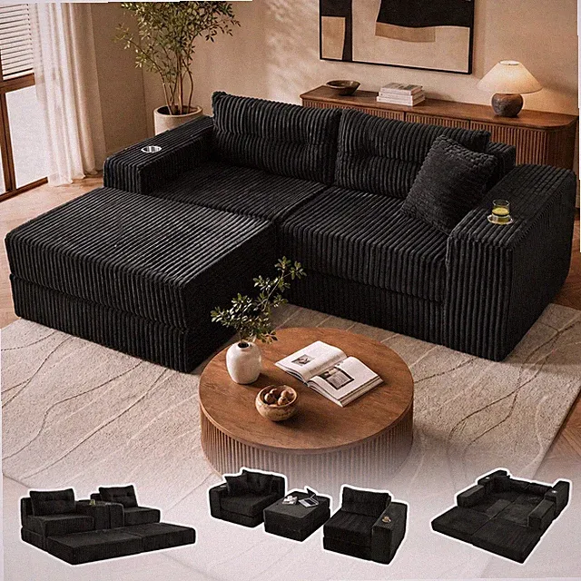 Modular Boneless Loveseat Ottoman Corduroy Sofa Bed No Assembly Black 2 Seat
