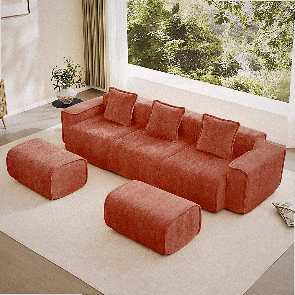 Modular Boneless Sectional Sofa, 3 Seats w/ 2 Ottomans, Red Velvet, No Assembly