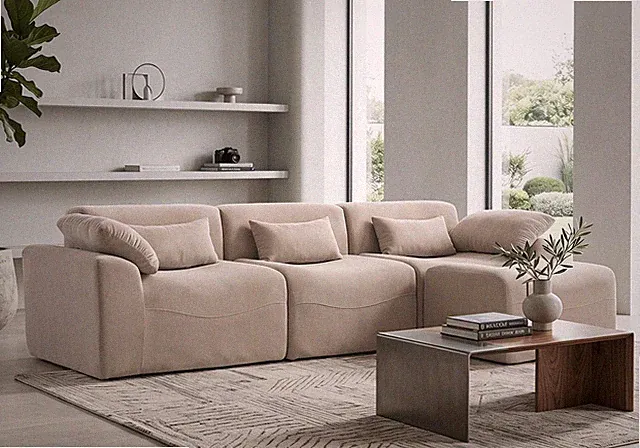Modular Chenille L-Shape Chaise Sectional Sofa Deep for Seat Khaki 4 for Seater