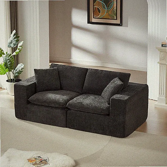 Modular Chenille Loveseat Sofa, 79'' Black Couch with Wider Armrests & Pillow