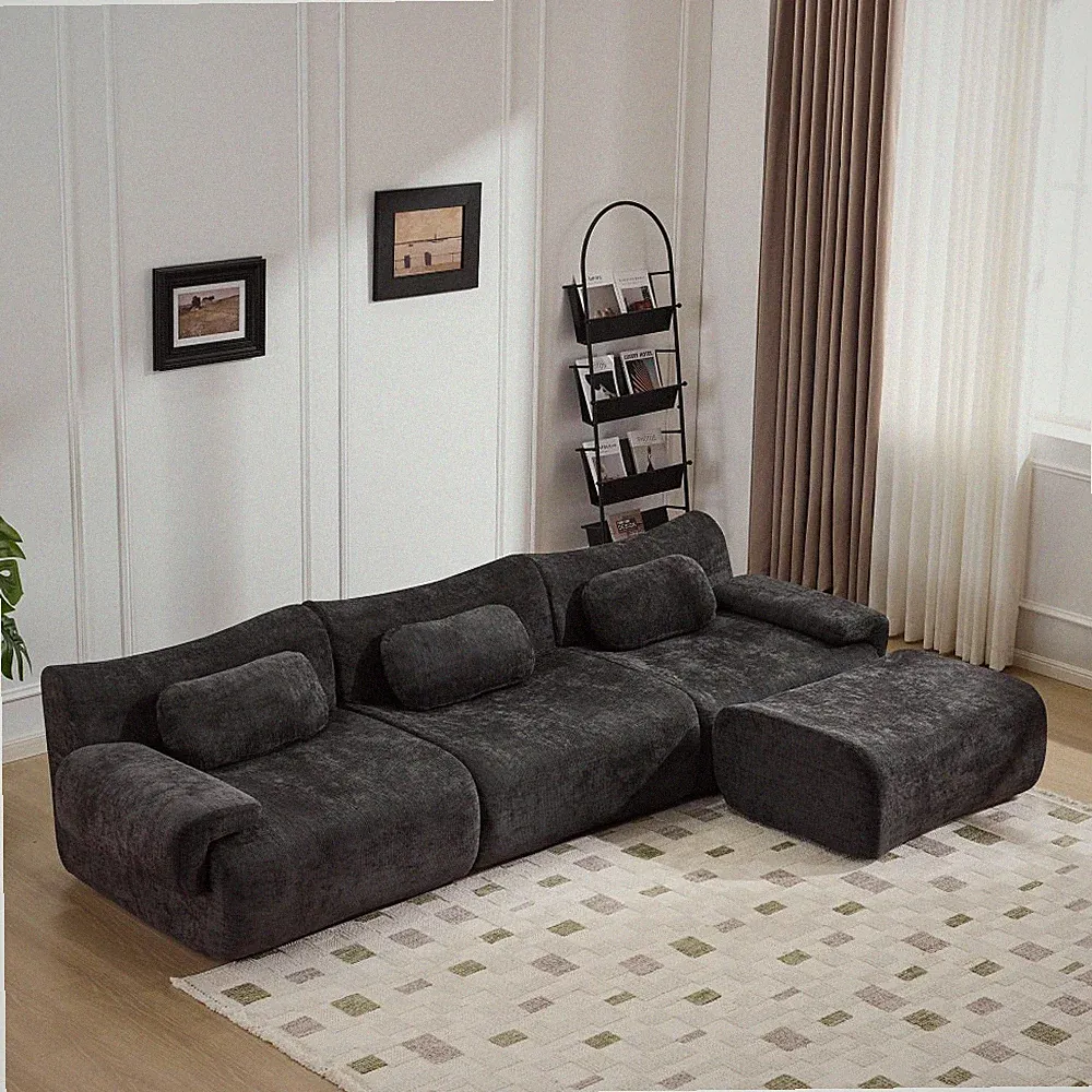 Modular Chenille Sofa 3-Seat Cushion Back Modern Upholstered Sectional, Black