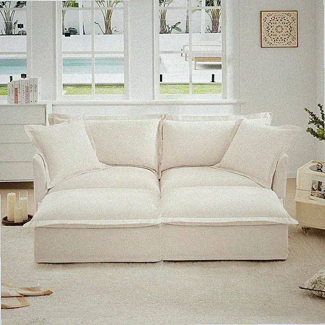 Modular Cloud Chenille Sofa w/ 2 Ottomans, Cream Convertible Sleeper Bed