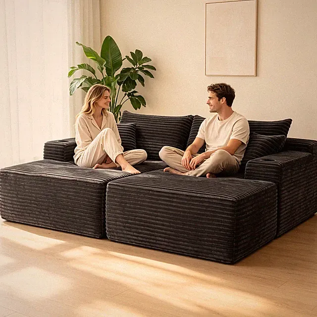 Modular Cloud Couch Sectional Plush Fabric Sofa with Double Chaise & 4 Pillows