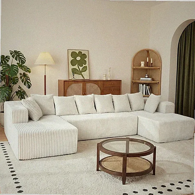 Modular Cloud Couch Sectional Sofa U-Shaped Chaise, Beige Corduroy
