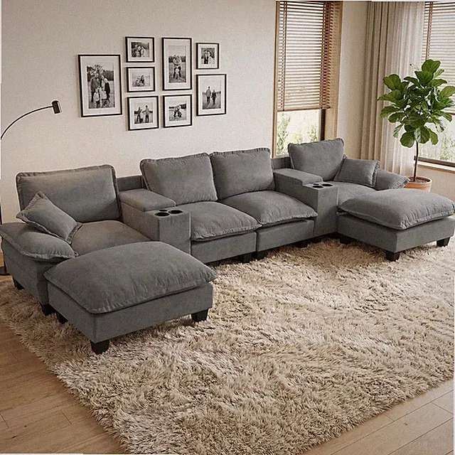 Modular Cloud Couch, U-Shape Sailboat Sofa with 2 Storage Central Consoles & C
