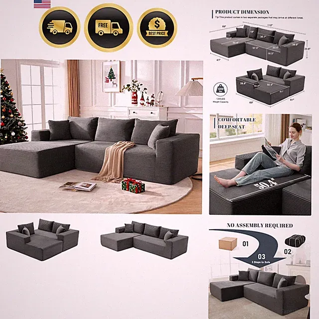 Modular Cloud Sectional Couch Sofa L-Shaped Fluffy Comfortable No Assembly