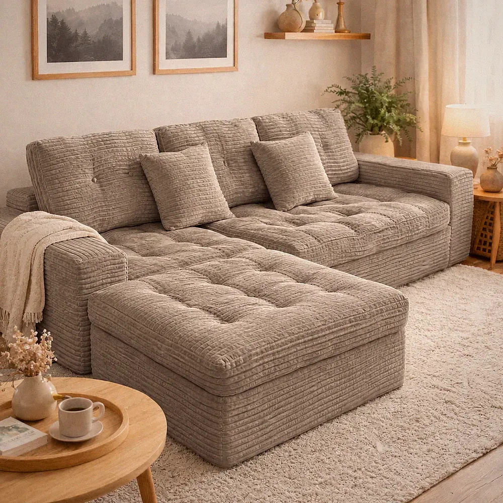Modular Cloud Sectional Sofa 105" with Ottoman, Faux Fur, Khaki