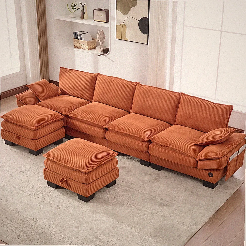 Modular Cloud Sectional Sofa, Corduroy Fabric, Deep Seat, Orange