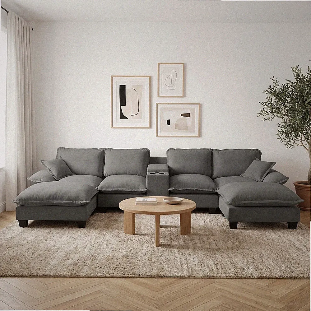 Modular Cloud Sectional Sofa w/ Storage, USB Port, Cup Holders, 2 Ottomans, Grey