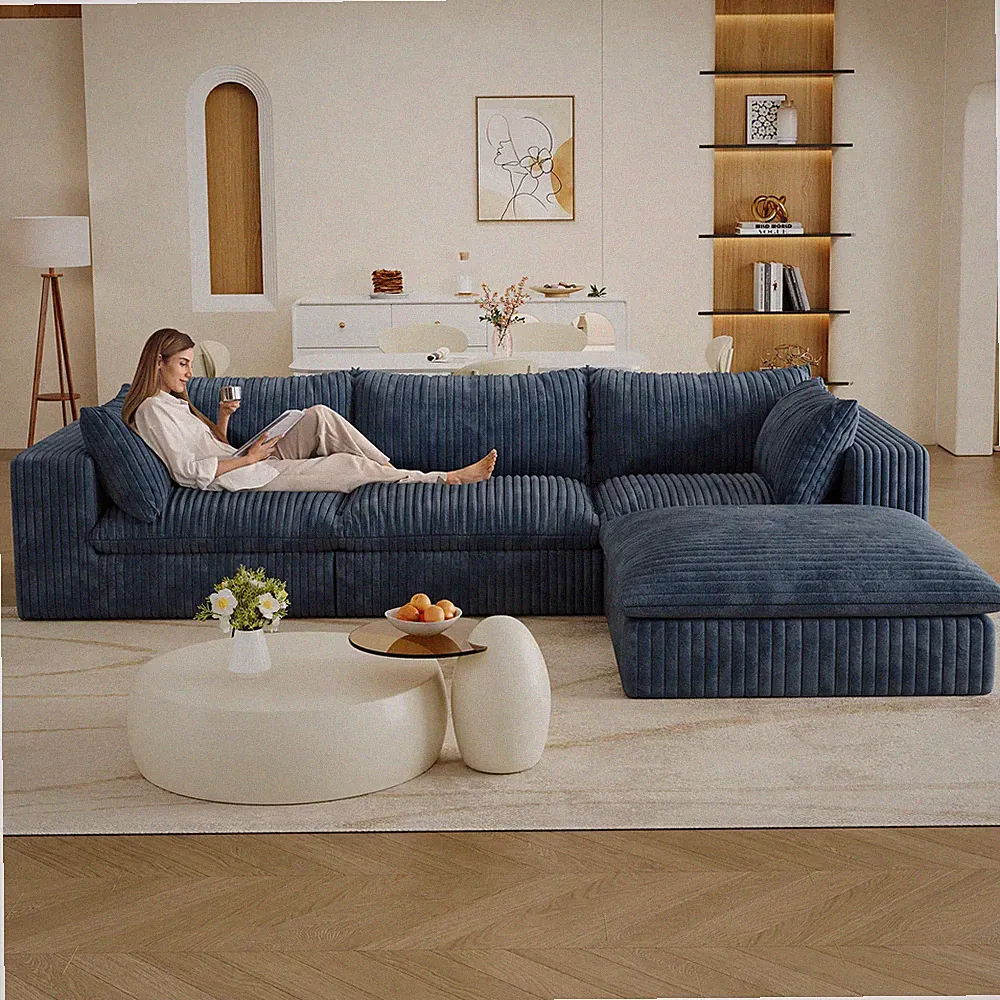 Modular Cloud Sectional Sofa with Removable Corduroy Fabric Cushions Blue