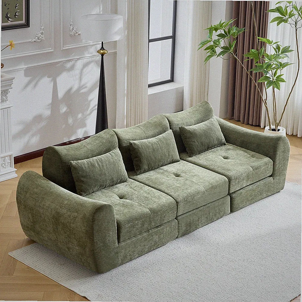 Modular Cloud Sofa Bed, 3-Seat Convertible Sectional, Green Chenille, 101.58"L