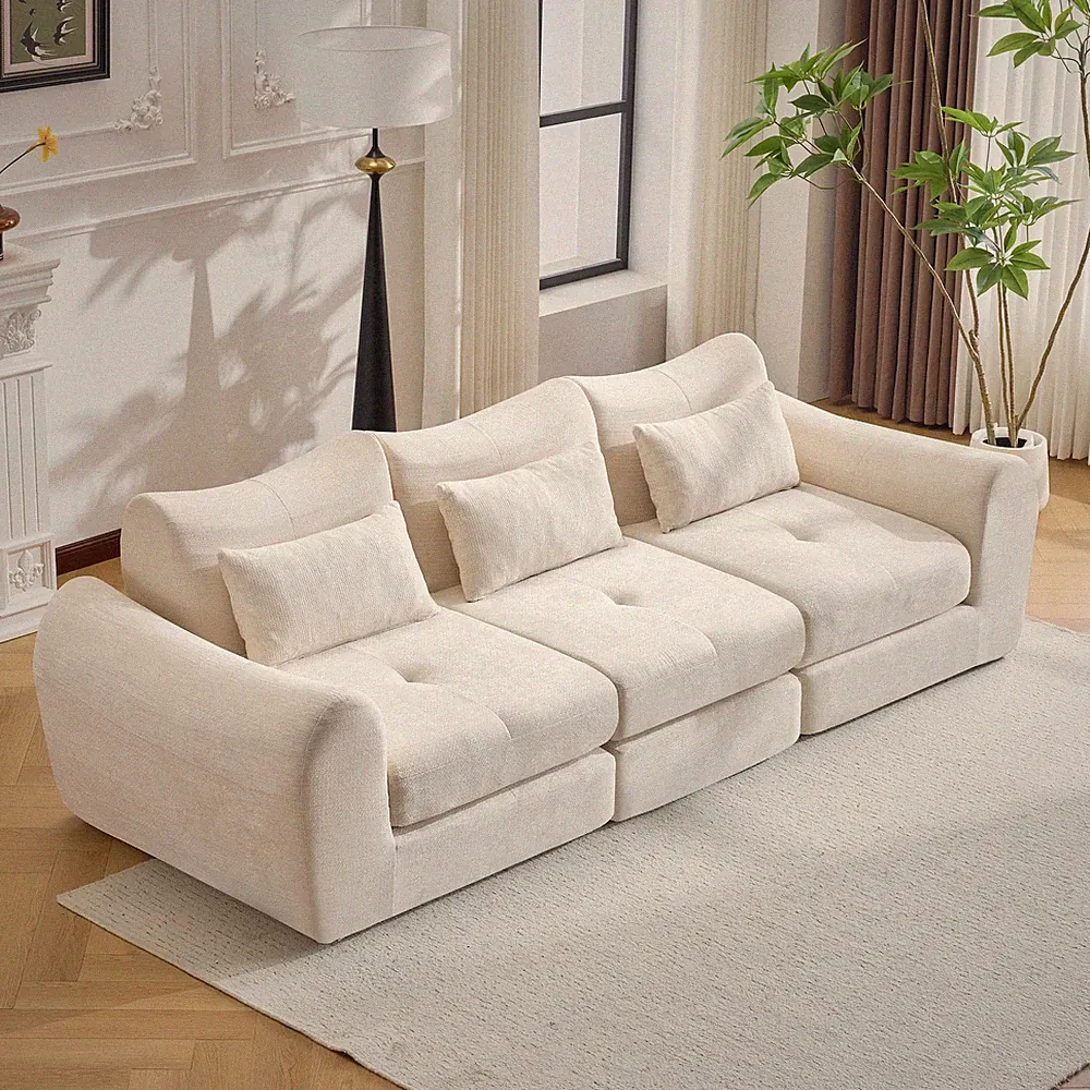 Modular Cloud Sofa Bed, 3-Seat Sectional, White Chenille, 101.58"