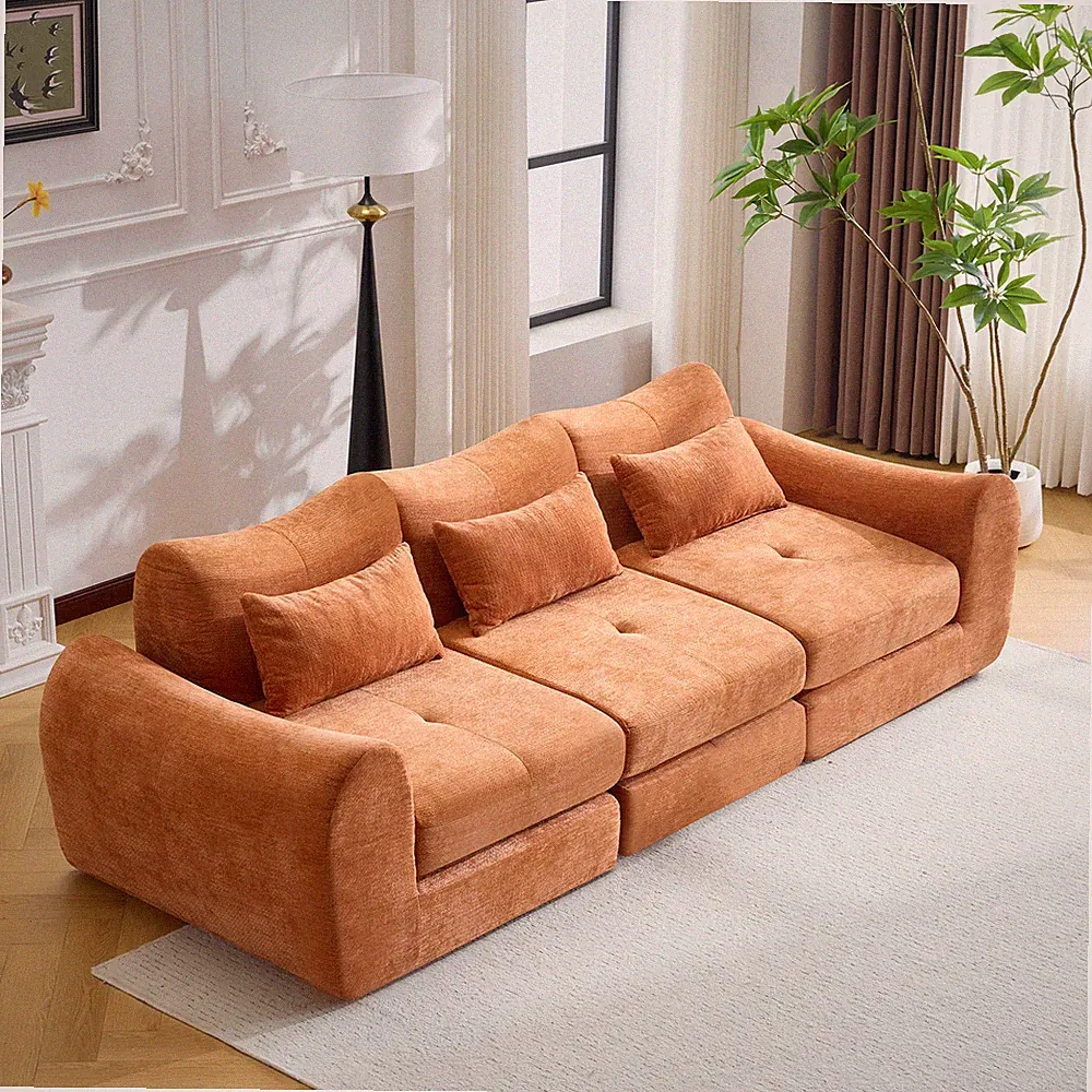 Modular Cloud Sofa Bed, Convertible Sectional, Orange Chenille, 101.58" L