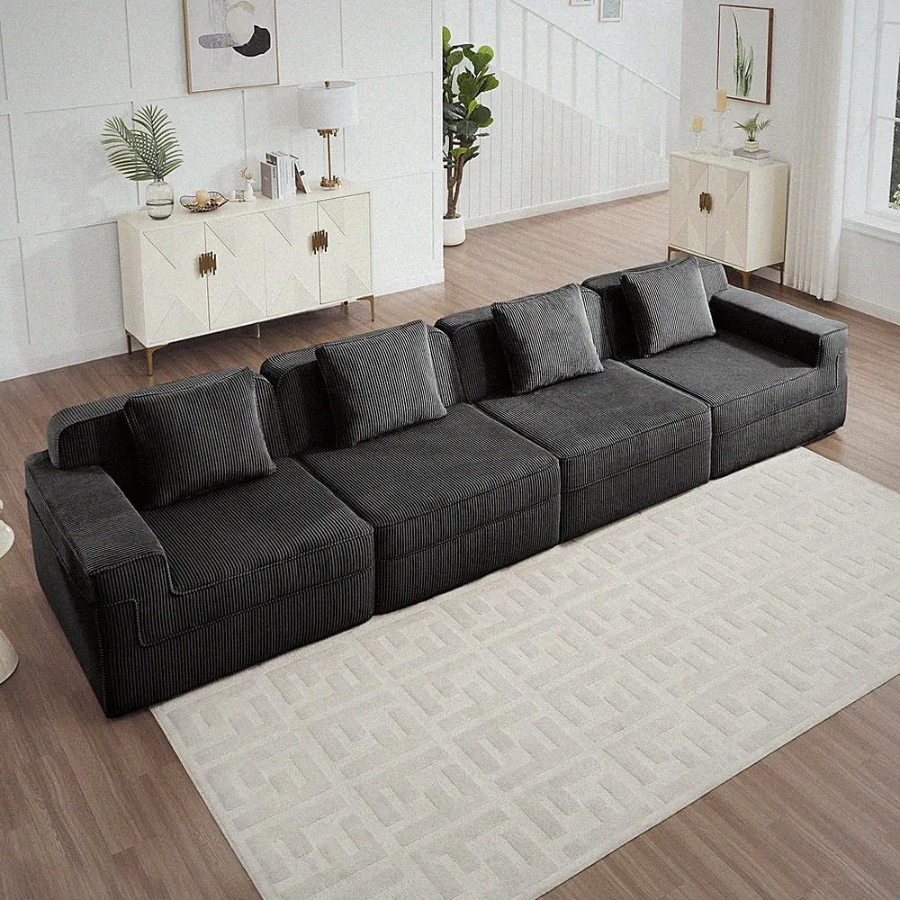 Modular Cloud Sofa Sectional, 4 Seat, Black Corduroy Fabric, Deep, Throw Pillows