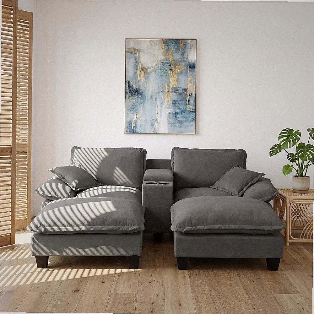 Modular Cloud Sofa Sectional w/ Storage, USB, Cup Holders & 2 Ottomans, Grey