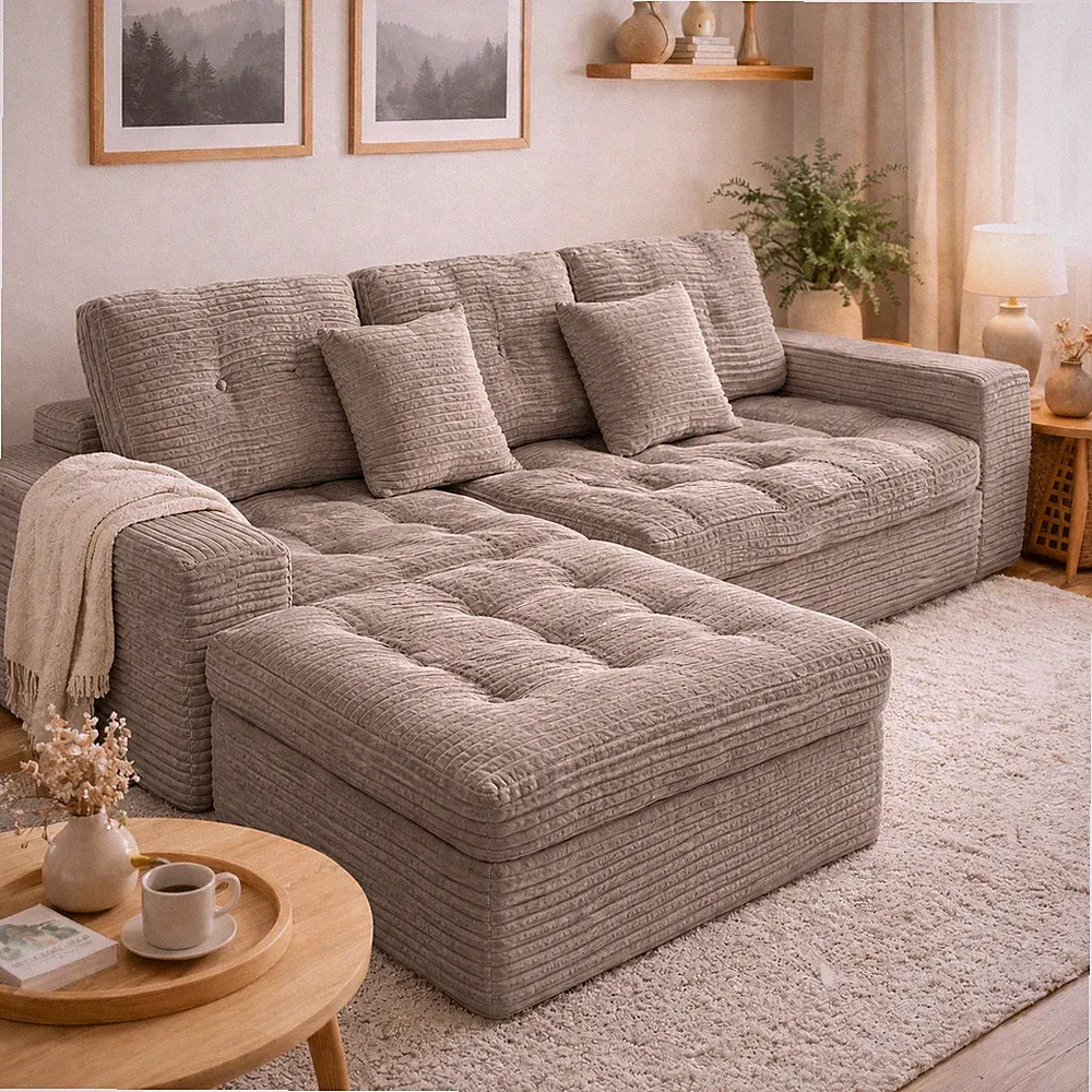 Modular Cloud Sofa Set,105" DIY Sectional w/Ottoman,Pure Foam,Faux Rabbit Fur