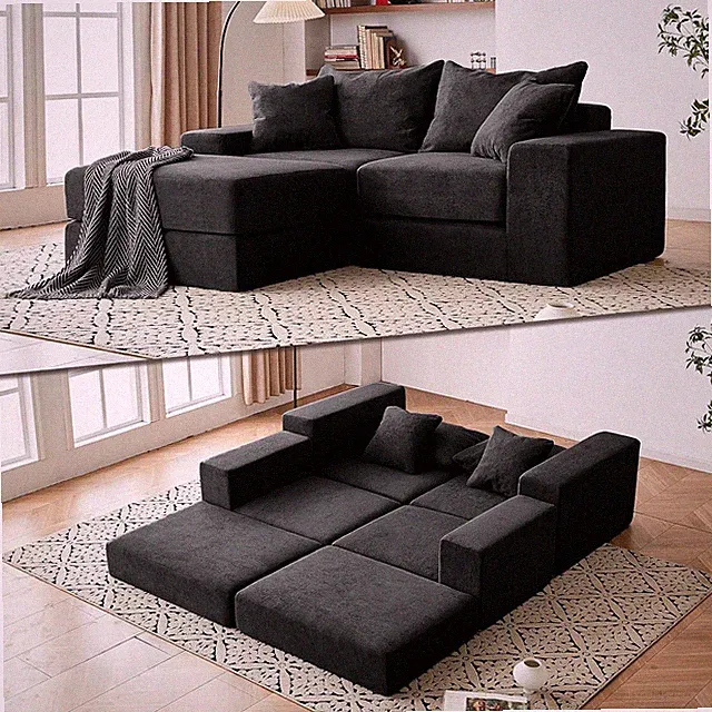 Modular Cloud Sofa with Ottoman, Black L-Shape Sleeper Couch, No Assembly Needed