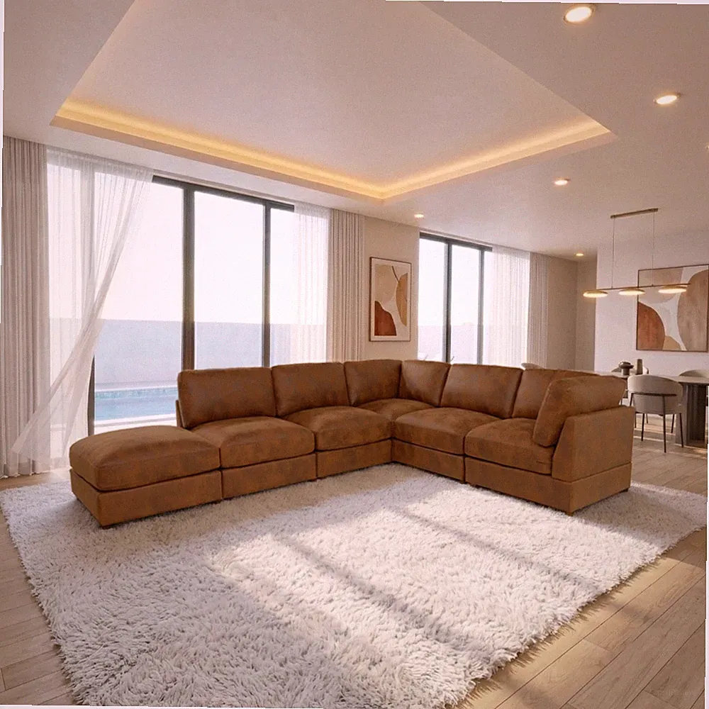Modular Corduroy Sectional Sofa, Brown Faux Leather, 131.5"W