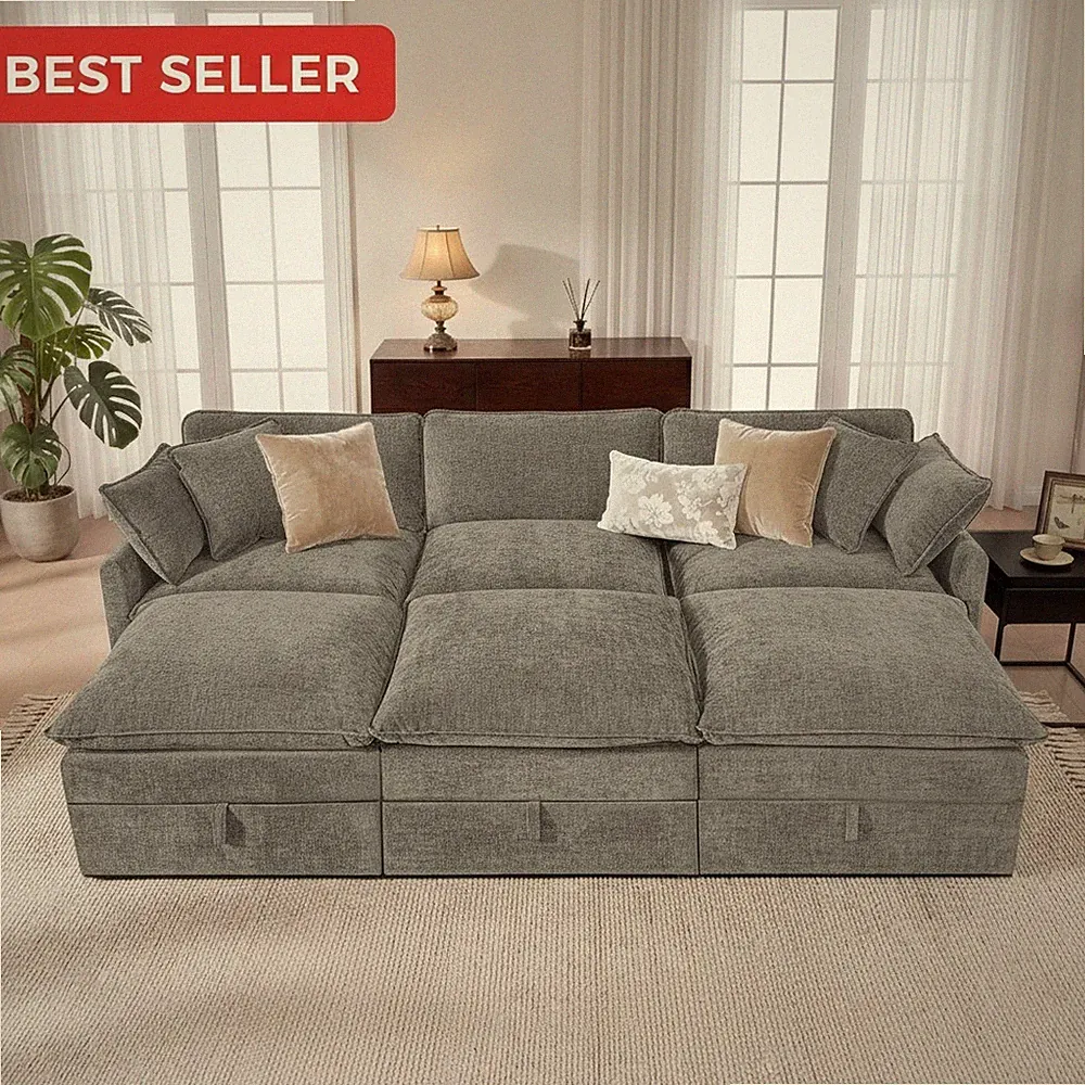 Modular Couch Storage 103 In Sectional Sleeper Sofa Bed Gray Chenille Modern...