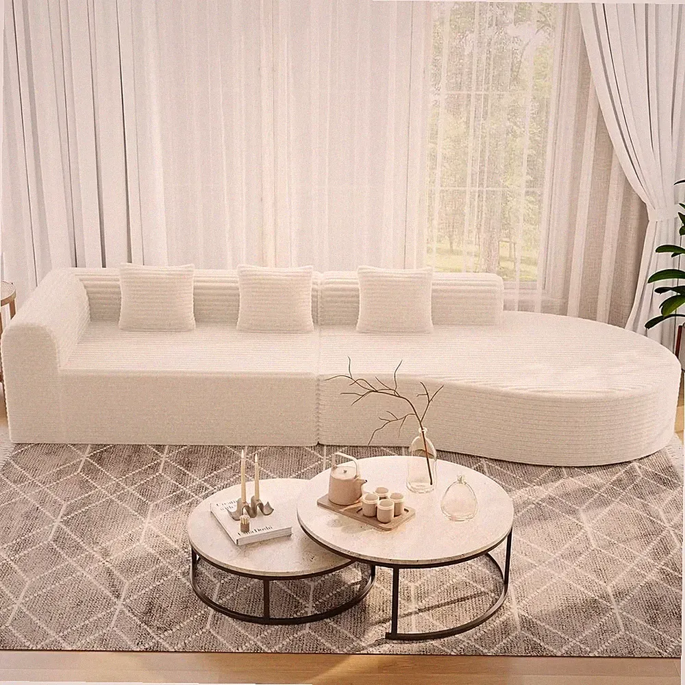 Modular Curved Sectional Sofa 3-Piece White Faux Fur Modern Lounge No Assembly
