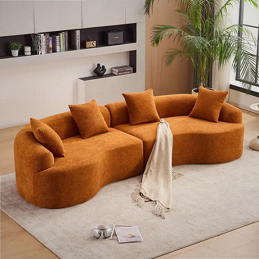 Modular Curved Sectional Sofa Chenille Fabric Deep Seating Orange