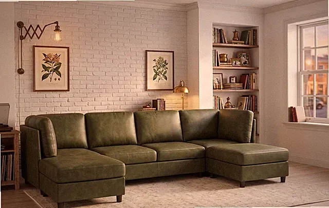 Modular Faux Leather Sectional Sofa Olive 124"
