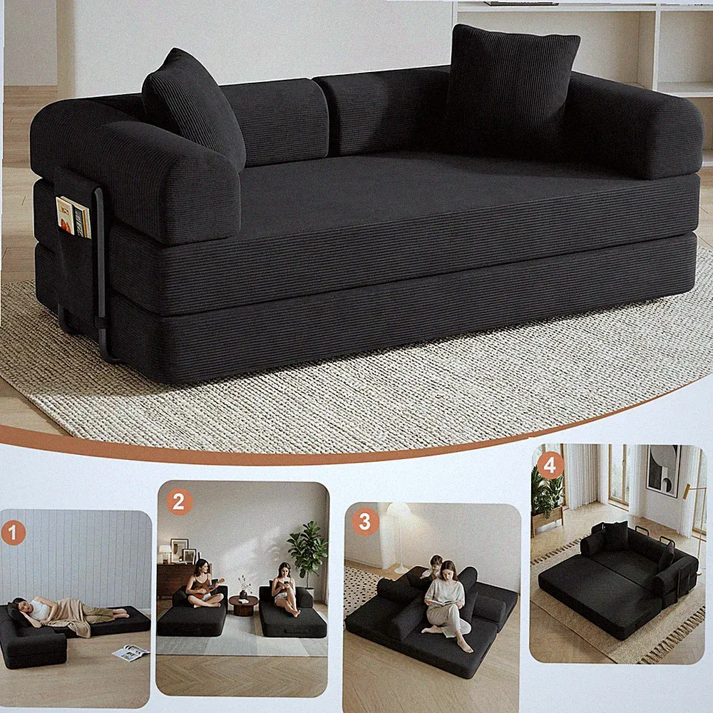 Modular Folding Corduroy Couches Convertible Pull-Out Sleeper Couch Bed Washable