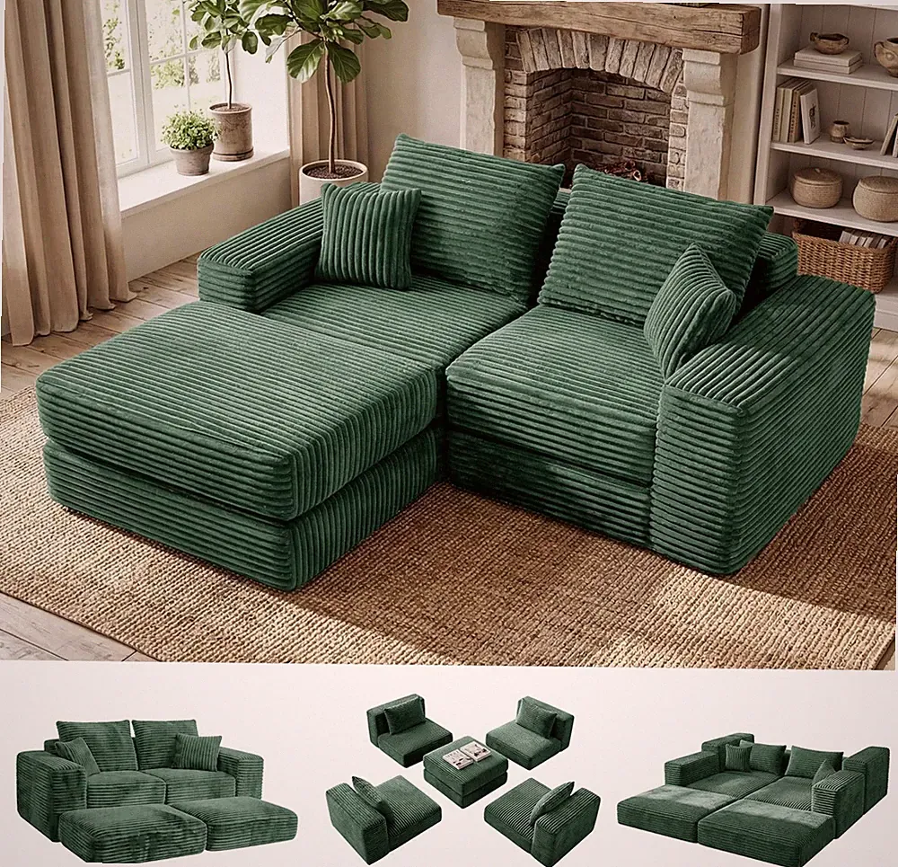 Modular Green L-Shaped Sofa with Chaise - Comfy, No Assembly, Deep Seat