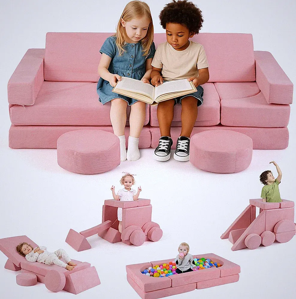 Modular Kids Play Couch - 13 PCS Soft Foam Sectional Sofa for Playroom (Pink)