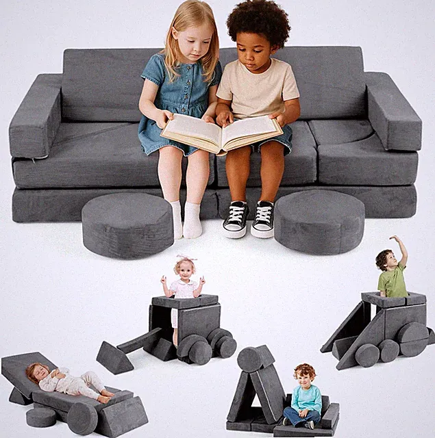 Modular Kids Play Couch - 13 PCS Soft Foam Sofa for Creative Play & Forts (Grey)