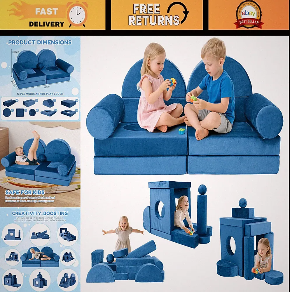 Modular Kids Play Couch 13Pcs - Convertible Sofa Bed for Playroom, Bedroom & Nur