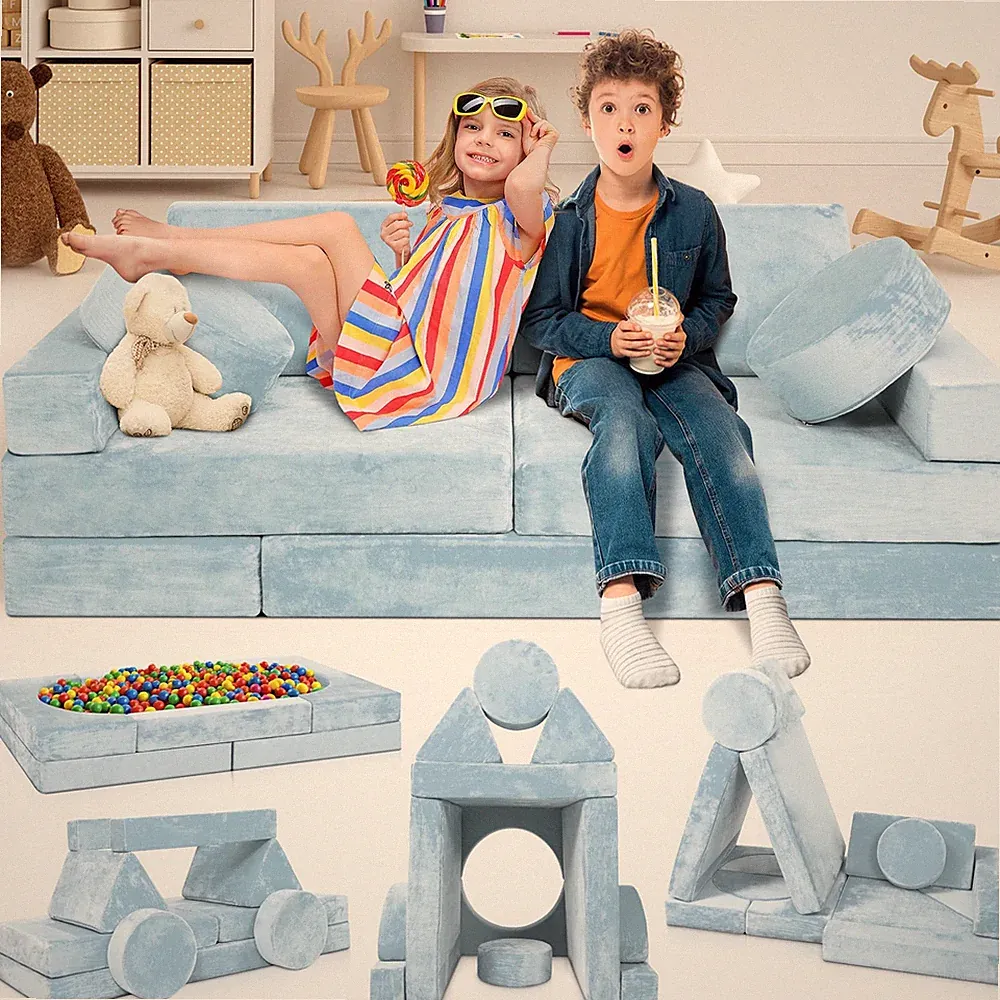 Modular Kids Play Couch 14pcs Convertible Foam Sectional Sofa Serenity Blue LX15