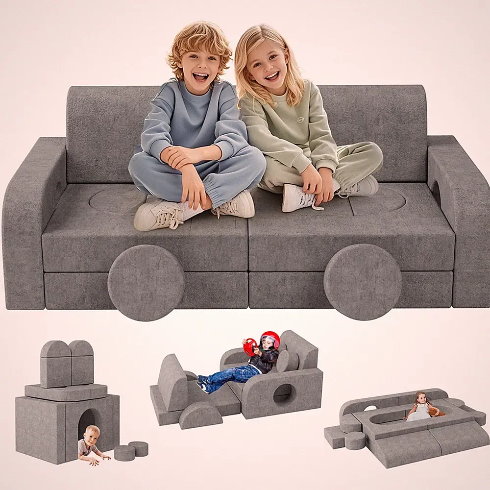 Modular Kids Play Couch 14pcs Convertible Foam Sofa Fort Playroom Bedroom Grey
