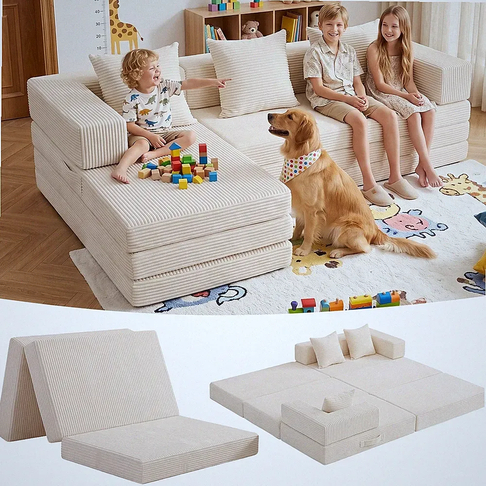 Modular Kids Play Couch Convertible Toddler Sectional Sofa Bed Corduroy Beige