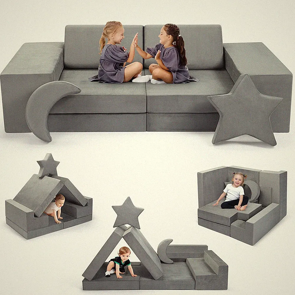 Modular Kids Play Couch for Playroom Bedroom, 9 in 1 Gray, Kids Large Game Toy